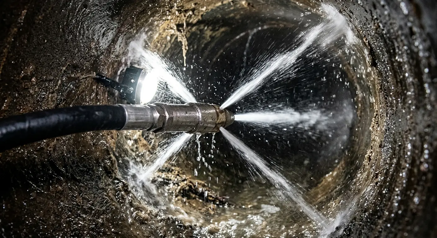 High-pressure hydro jetting nozzle cleaning sewer pipe for Emergency Drain Service in Conshohocken