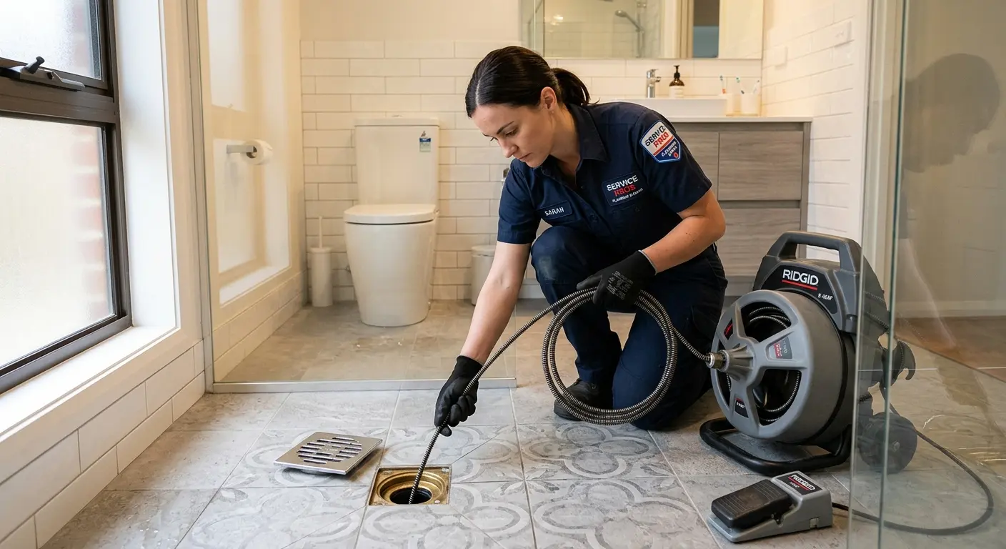 Technician clearing a bathroom floor drain for Sewer Line Replacement in Conshohocken